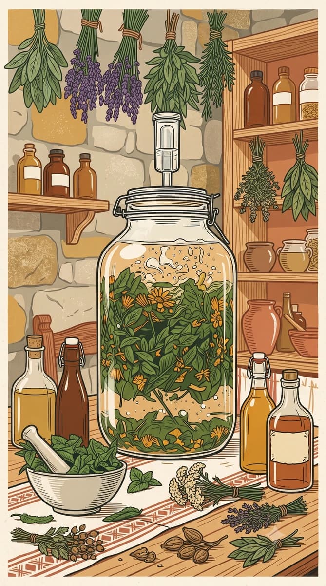 Escena de fitoterapia — frasco de fermentación con hierbas, botellas y plantas medicinales colgadas